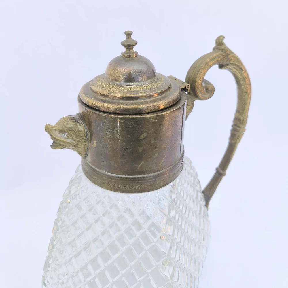VINTAGE | Glass Diamond Cut Carafe Decanter Brass Gold Handle & Animal Spout
